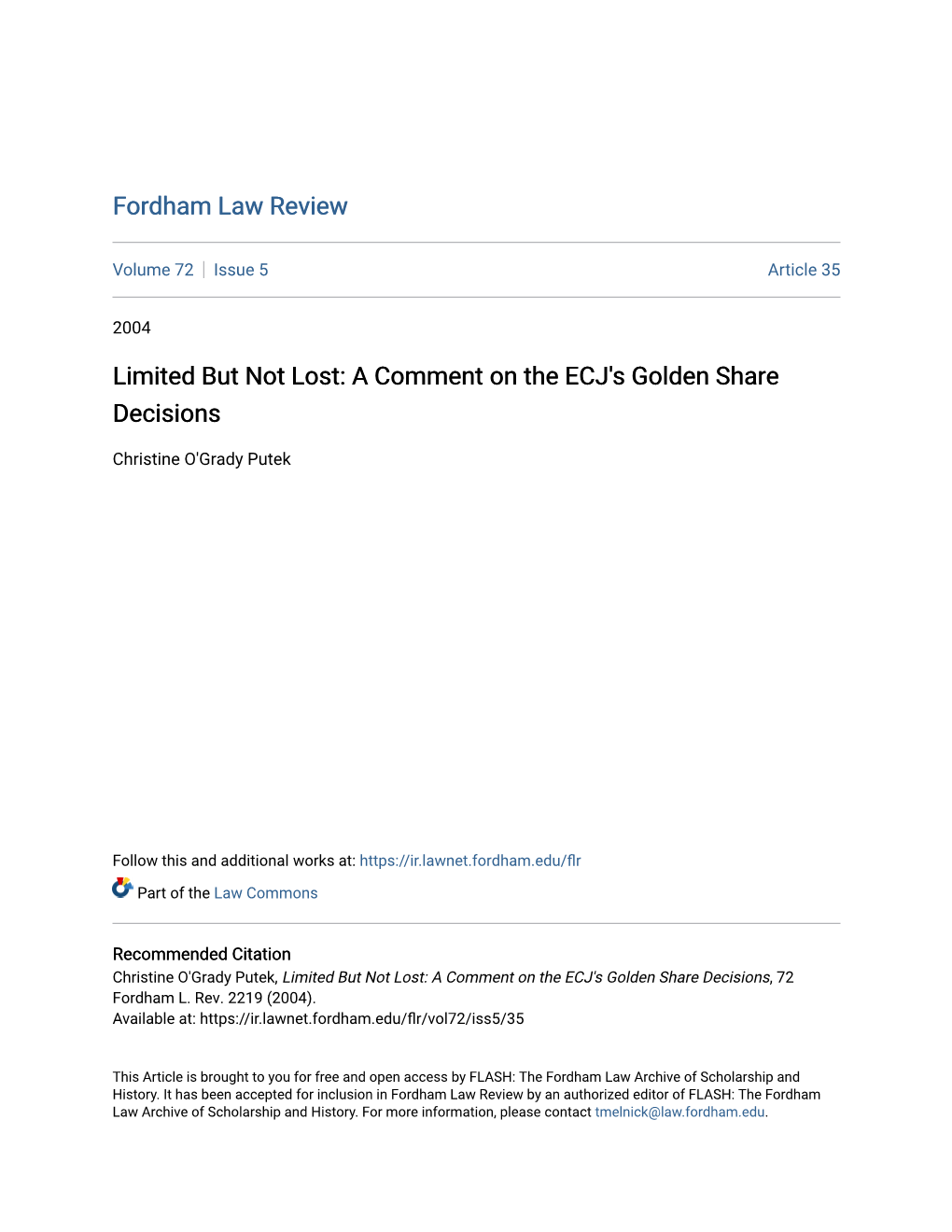 Limited but Not Lost: a Comment on the ECJ's Golden Share Decisions