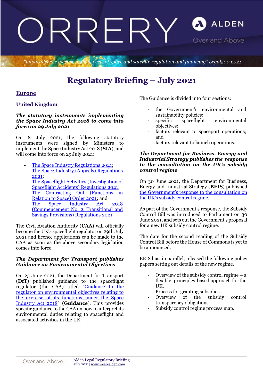 Regulatory Briefing – July 2021