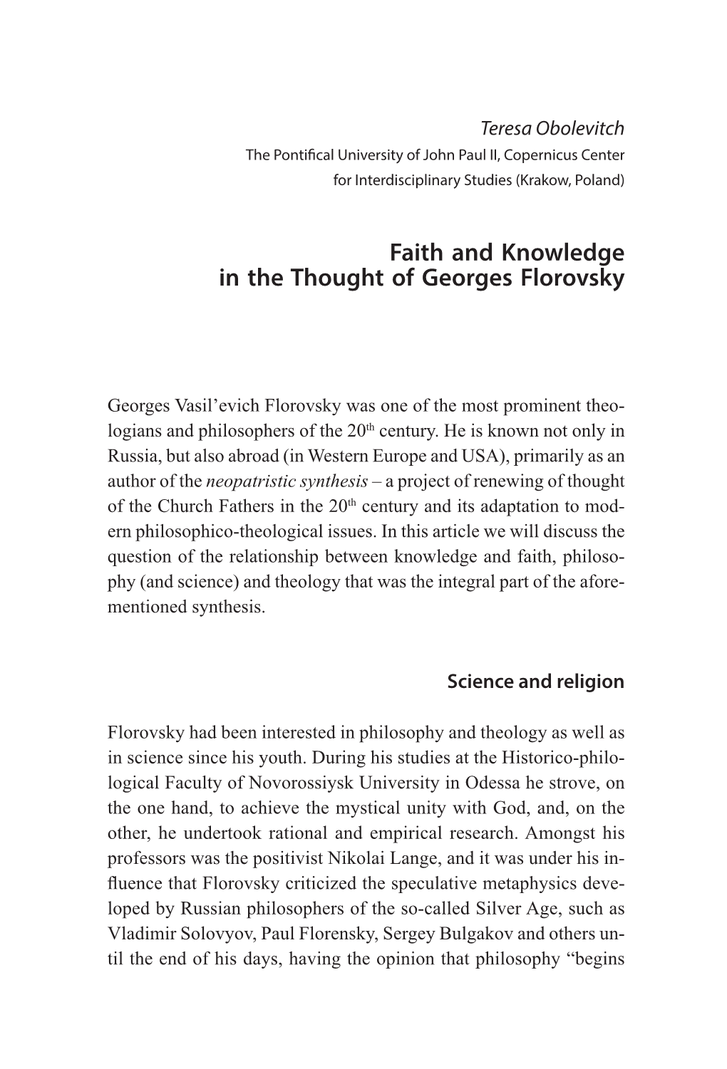 Faith and Knowledge in the Thought of Georges Florovsky