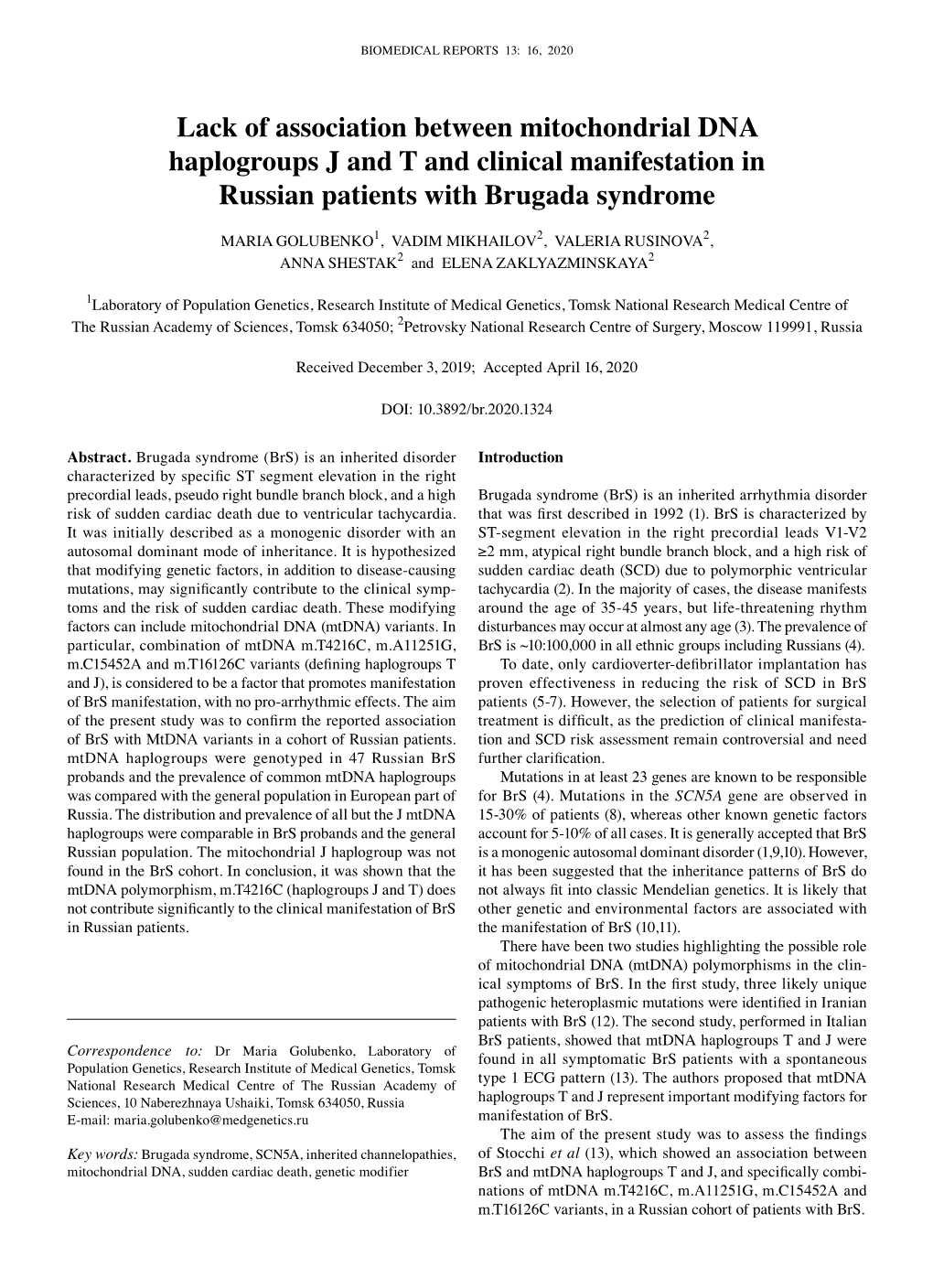 Lack of Association Between Mitochondrial DNA Haplogroups J and T and Clinical Manifestation in Russian Patients with Brugada Syndrome