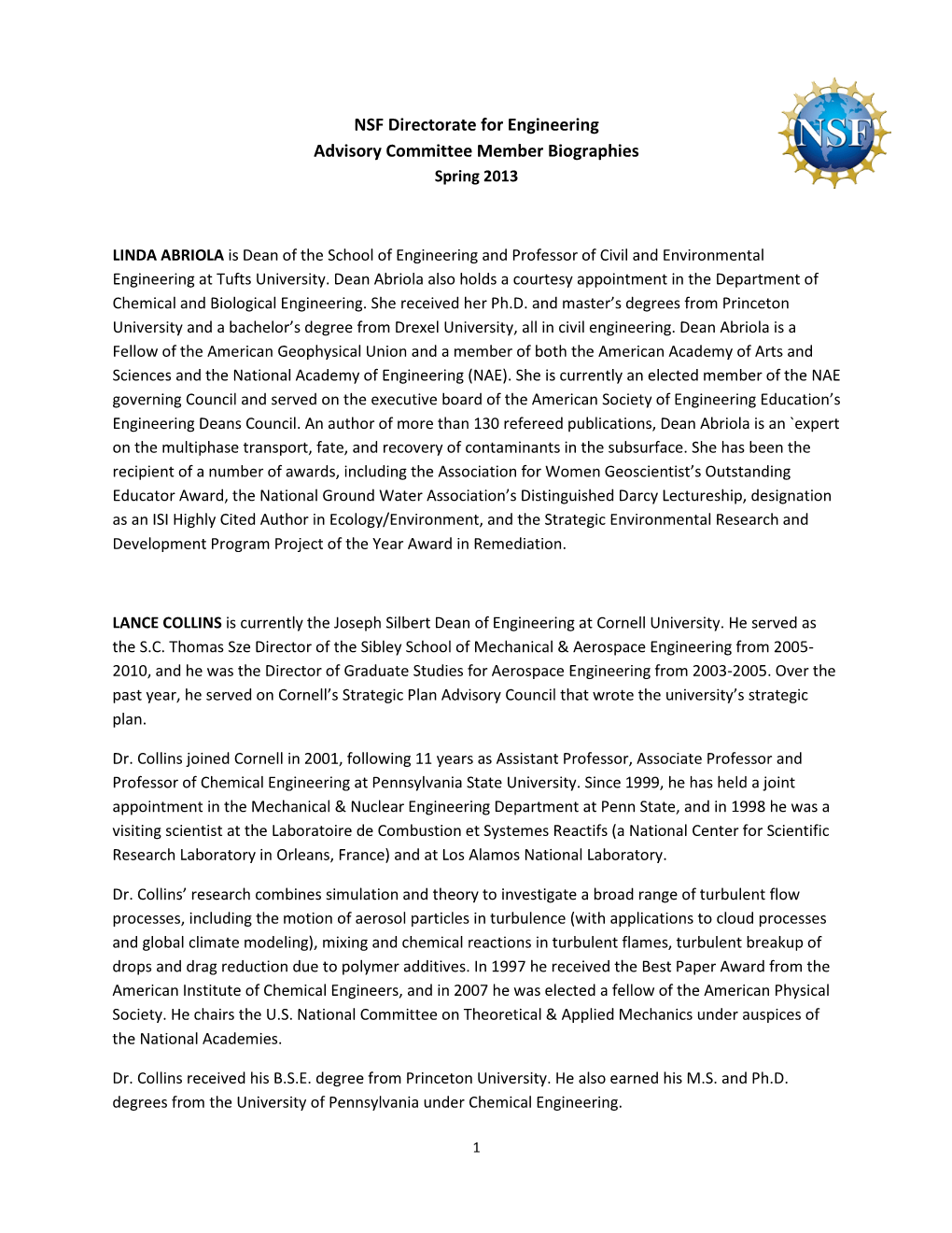 NSF Directorate for Engineering Advisory Committee Member Biographies Spring 2013