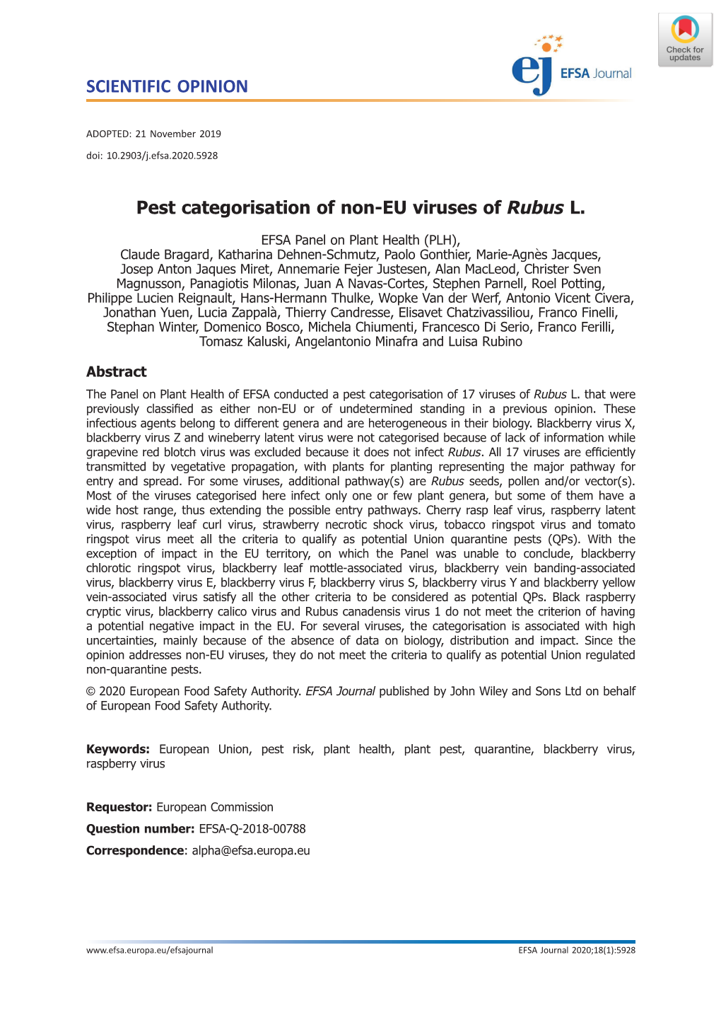 Pest Categorisation of Non‐EU Viruses of Rubus L