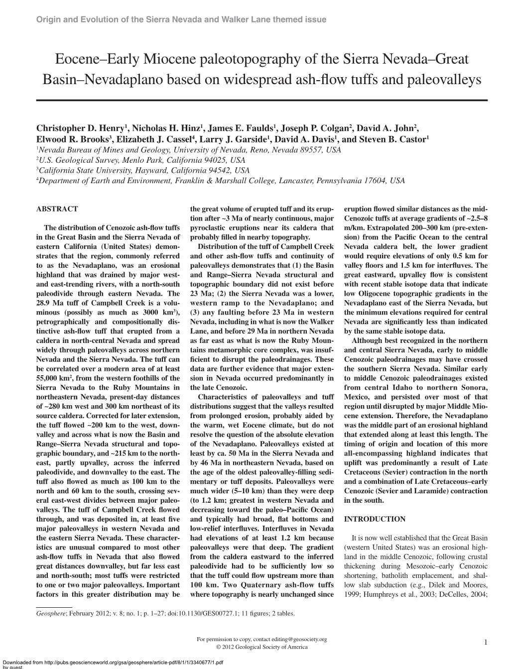 Eocene–Early Miocene Paleotopography of the Sierra Nevada–Great Basin–Nevadaplano Based on Widespread Ash-Flow Tuffs and P