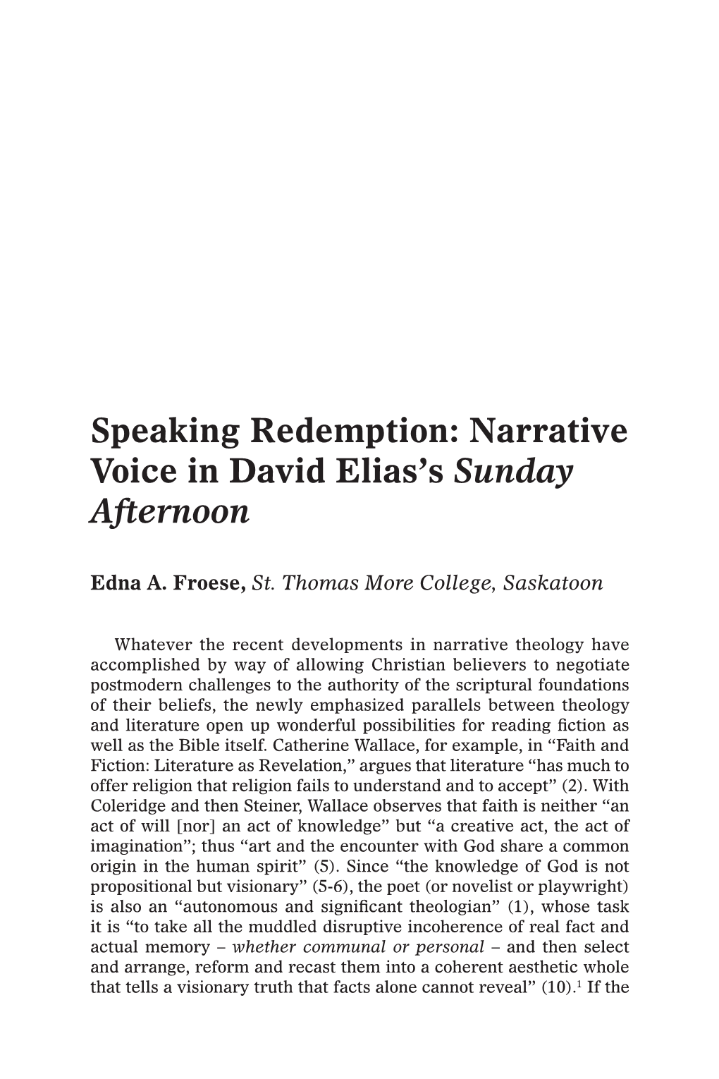 Narrative Voice in David Elias's Sunday Afternoon