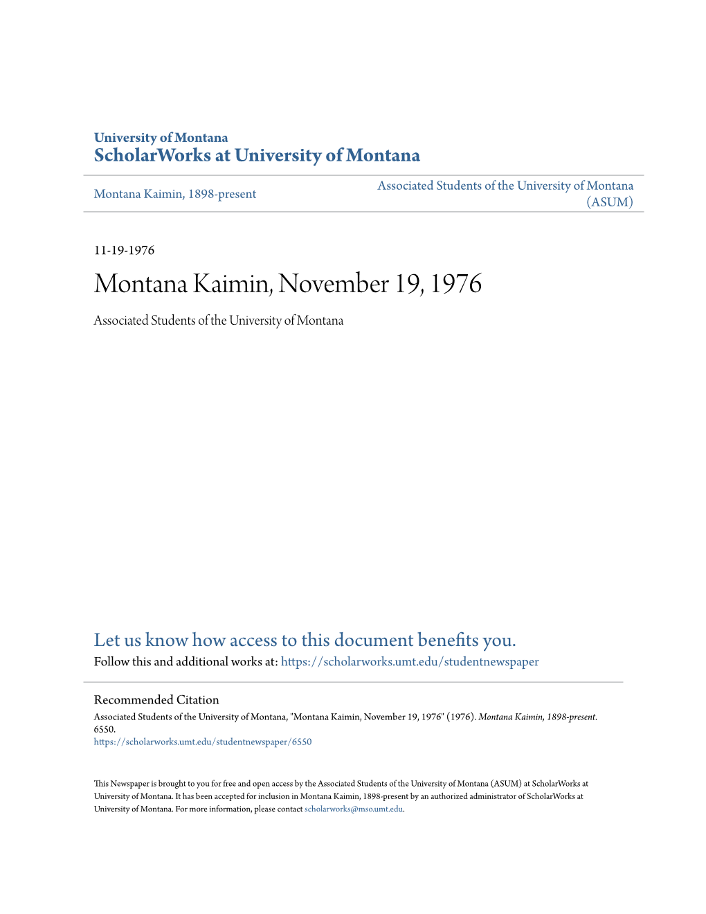 Montana Kaimin, November 19, 1976 Associated Students of the University of Montana