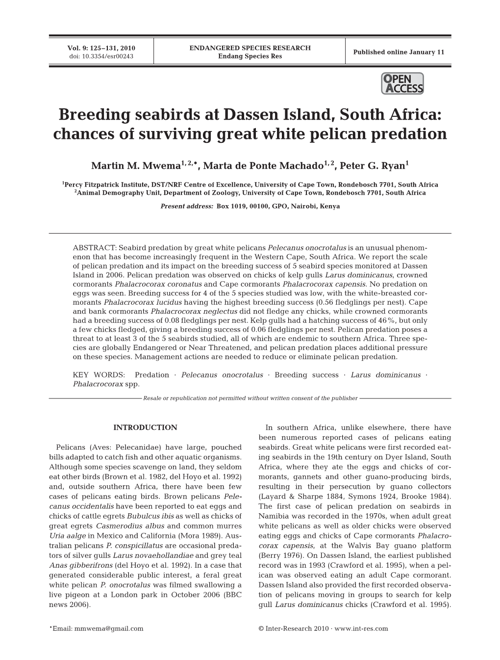 Breeding Seabirds at Dassen Island, South Africa: Chances of Surviving Great White Pelican Predation