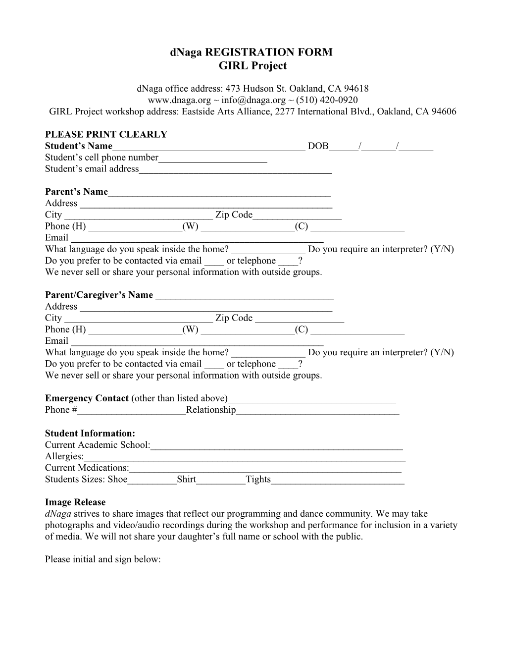 Dnaga REGISTRATION FORM