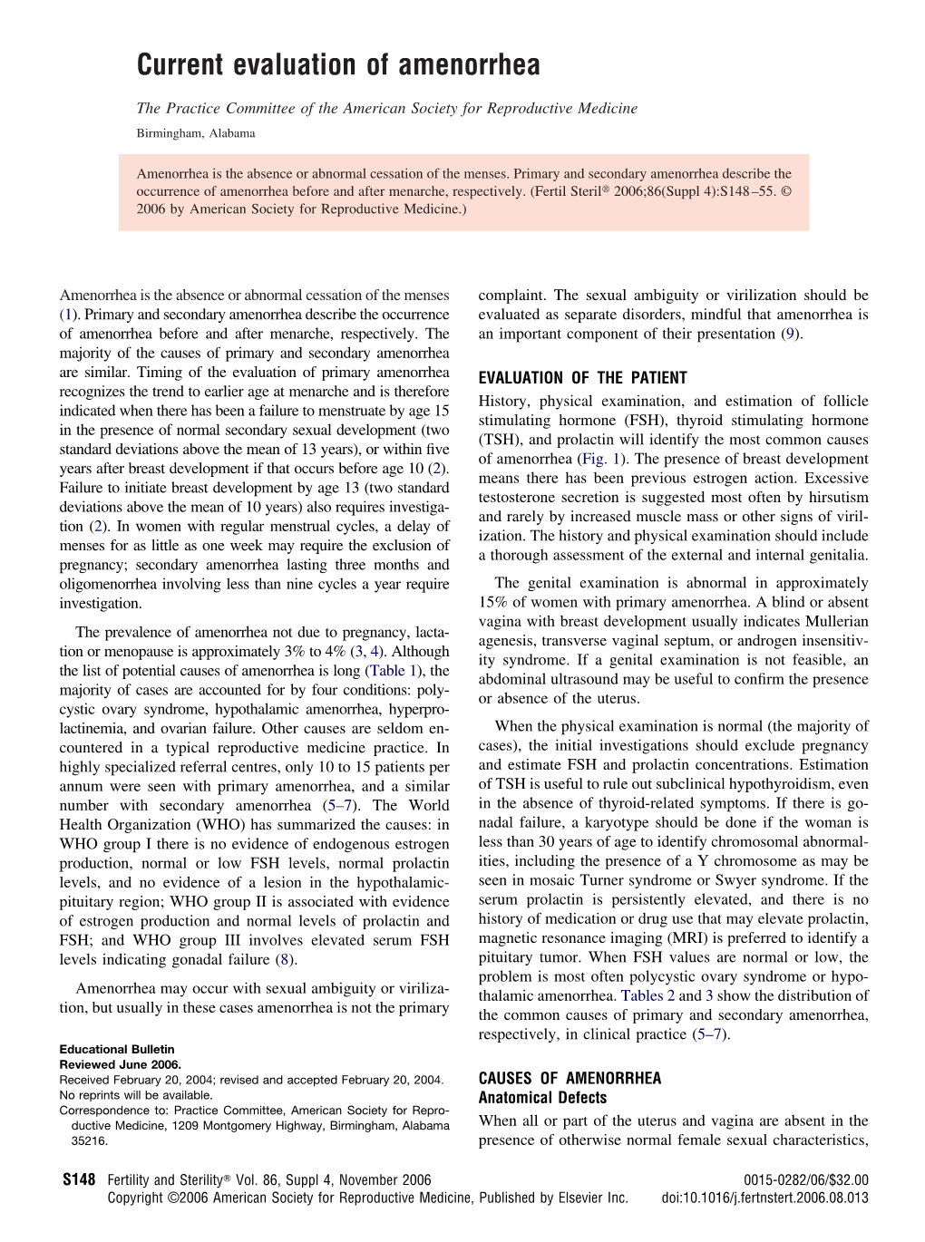 Current Evaluation of Amenorrhea