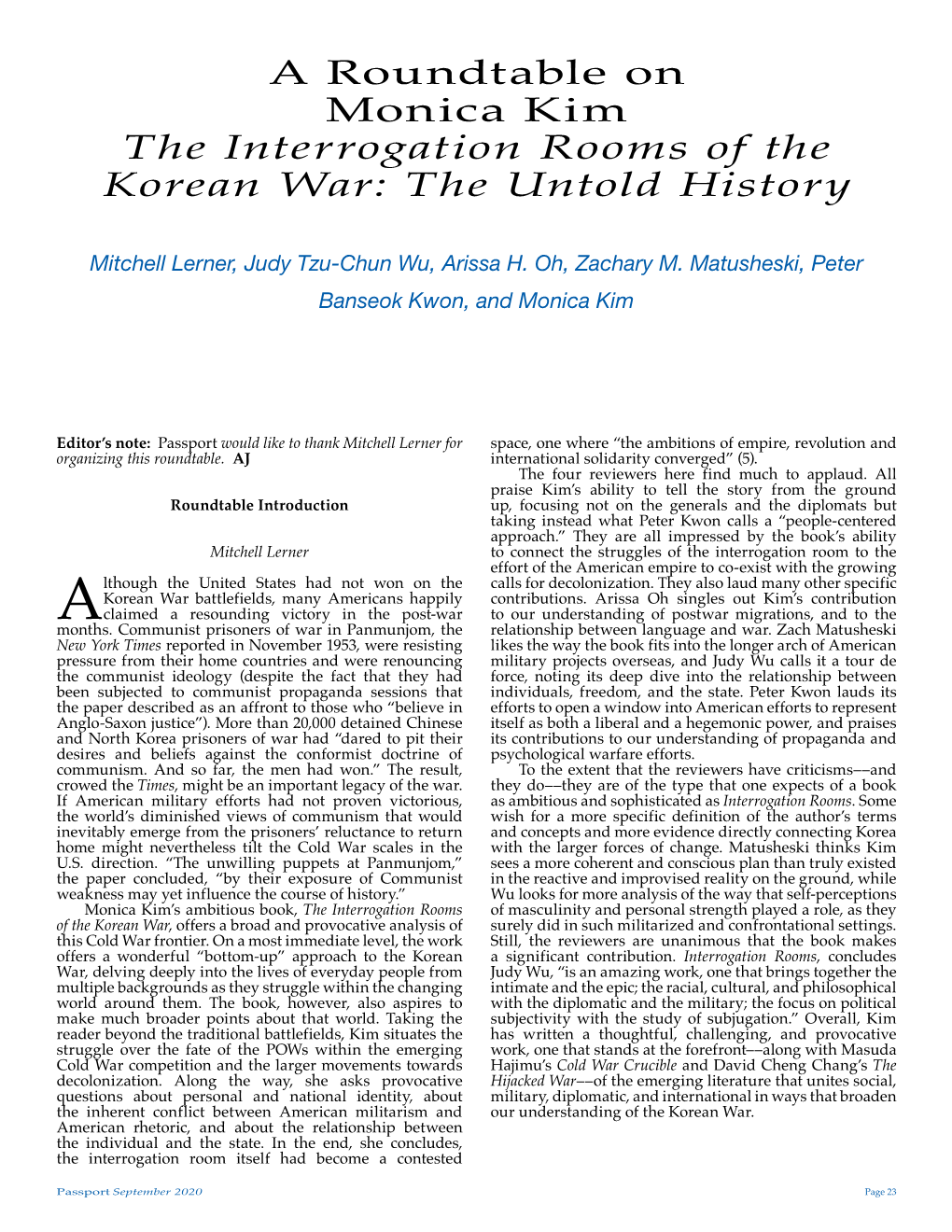 A Roundtable on Monica Kim the Interrogation Rooms of the Korean War: the Untold History