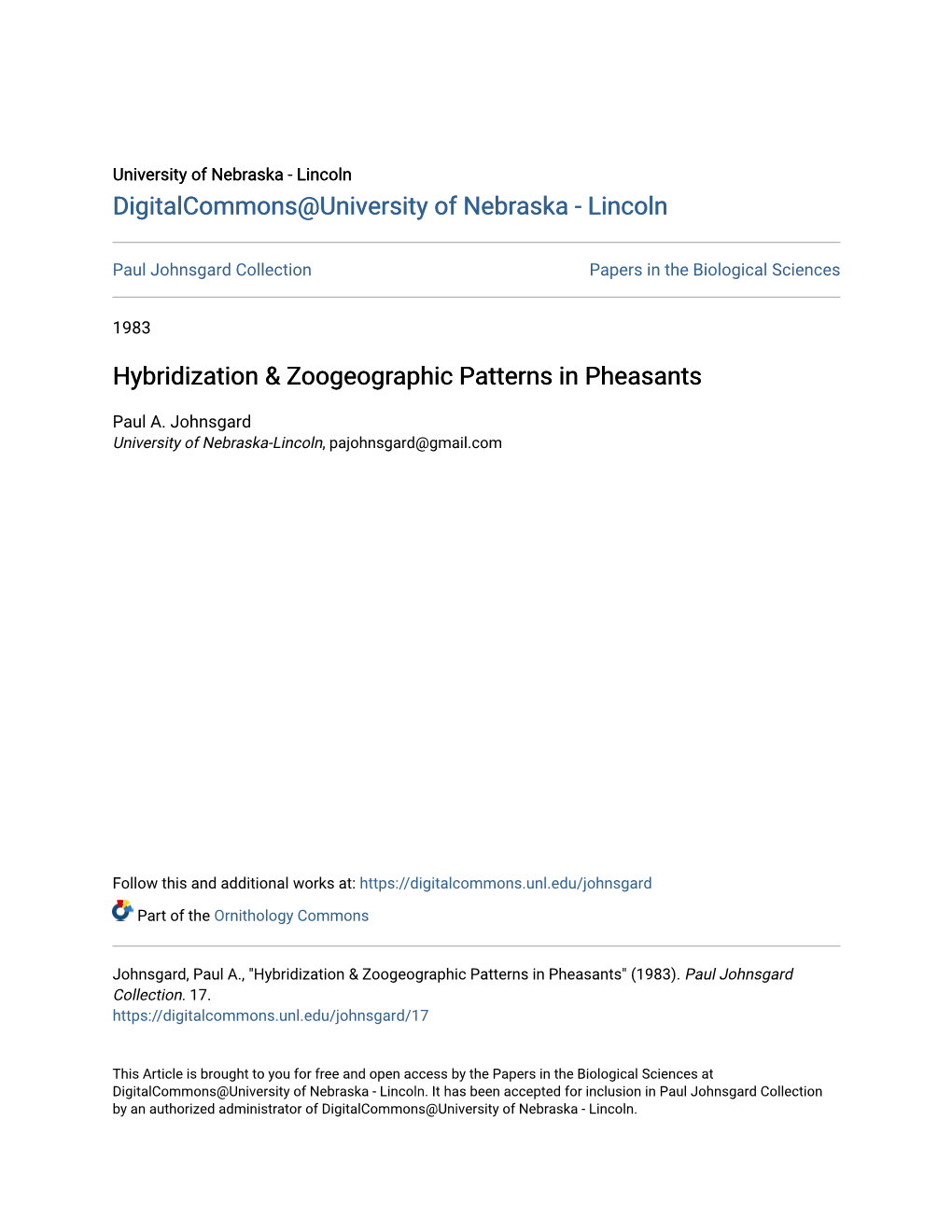 Hybridization & Zoogeographic Patterns in Pheasants