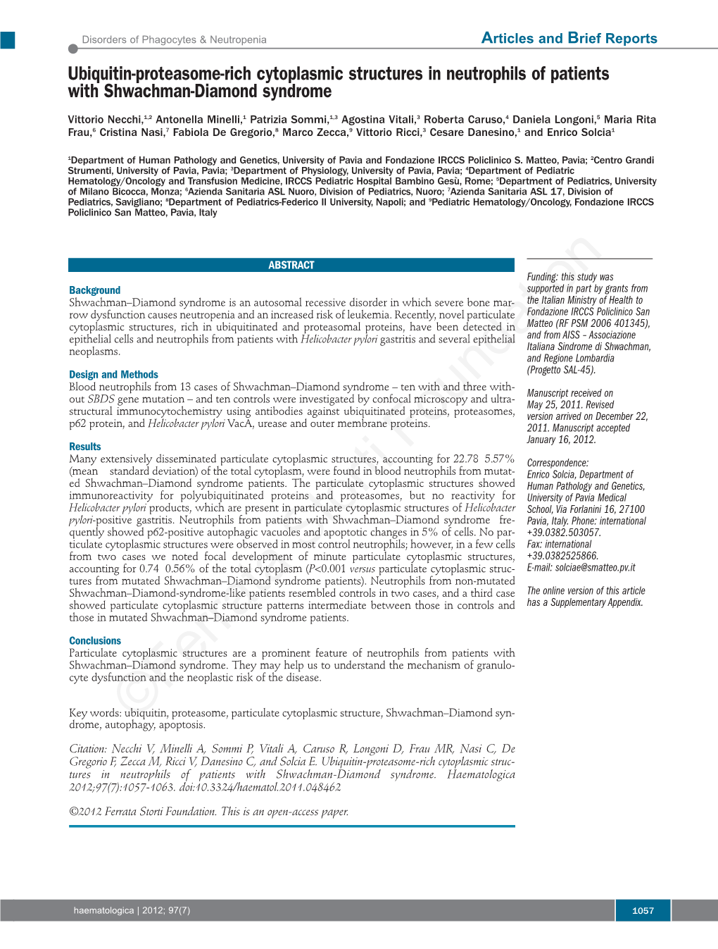 Ubiquitin-Proteasome-Rich Cytoplasmic Structures in Neutrophils of Patients with Shwachman-Diamond Syndrome