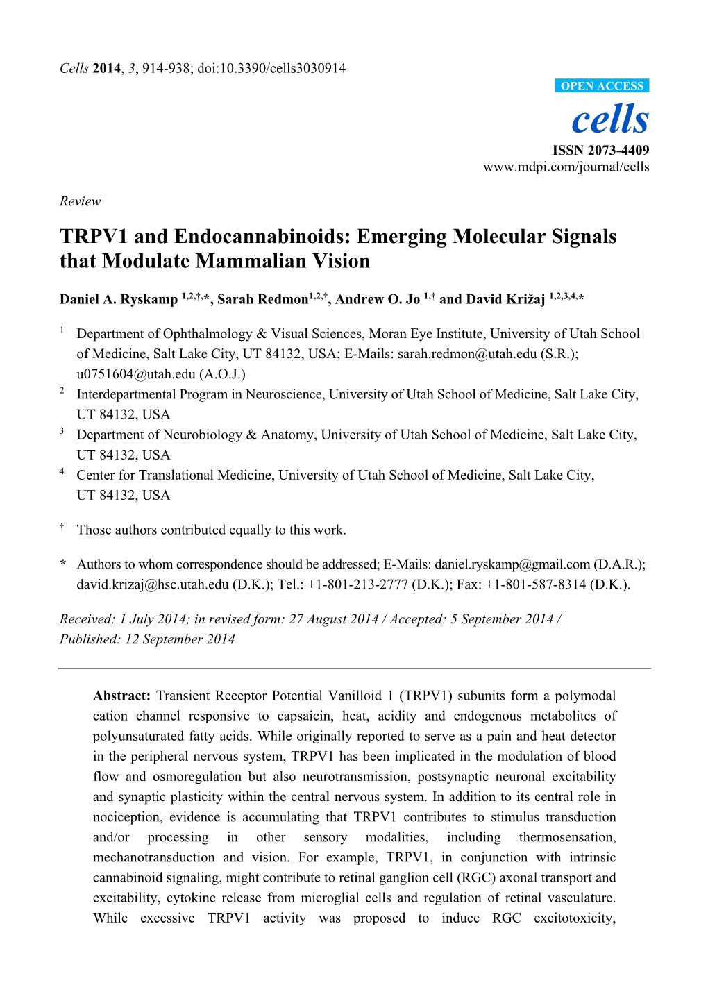 TRPV1 and Endocannabinoids: Emerging Molecular Signals That Modulate Mammalian Vision