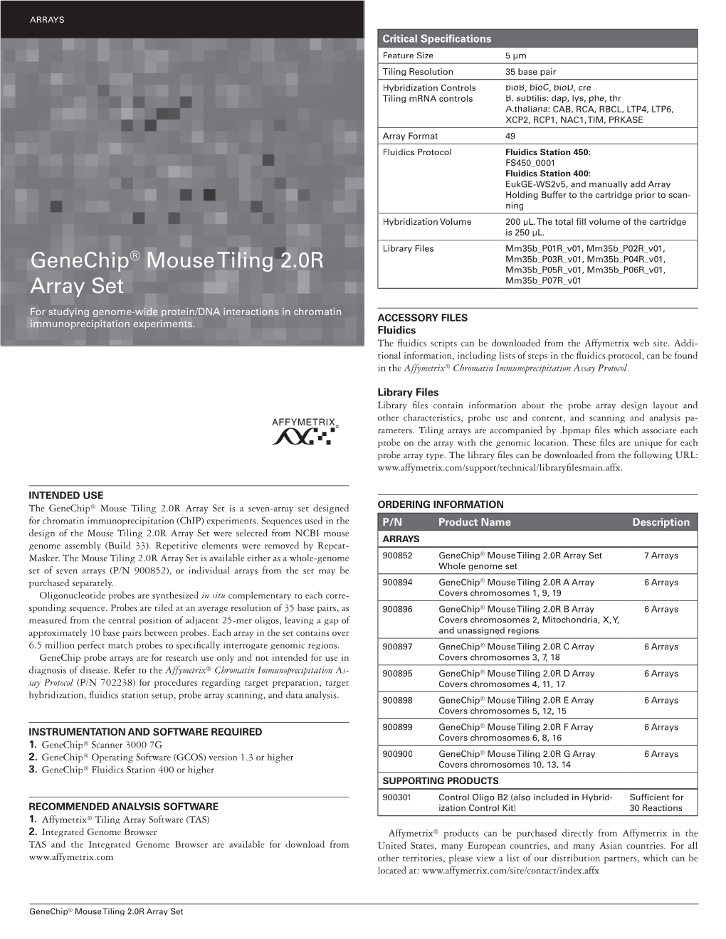 Genechip® Mouse Tiling 2.0R Array Set Is a Seven-Array Set Designed ORDERING INFORMATION for Chromatin Immunoprecipitation (Chip) Experiments