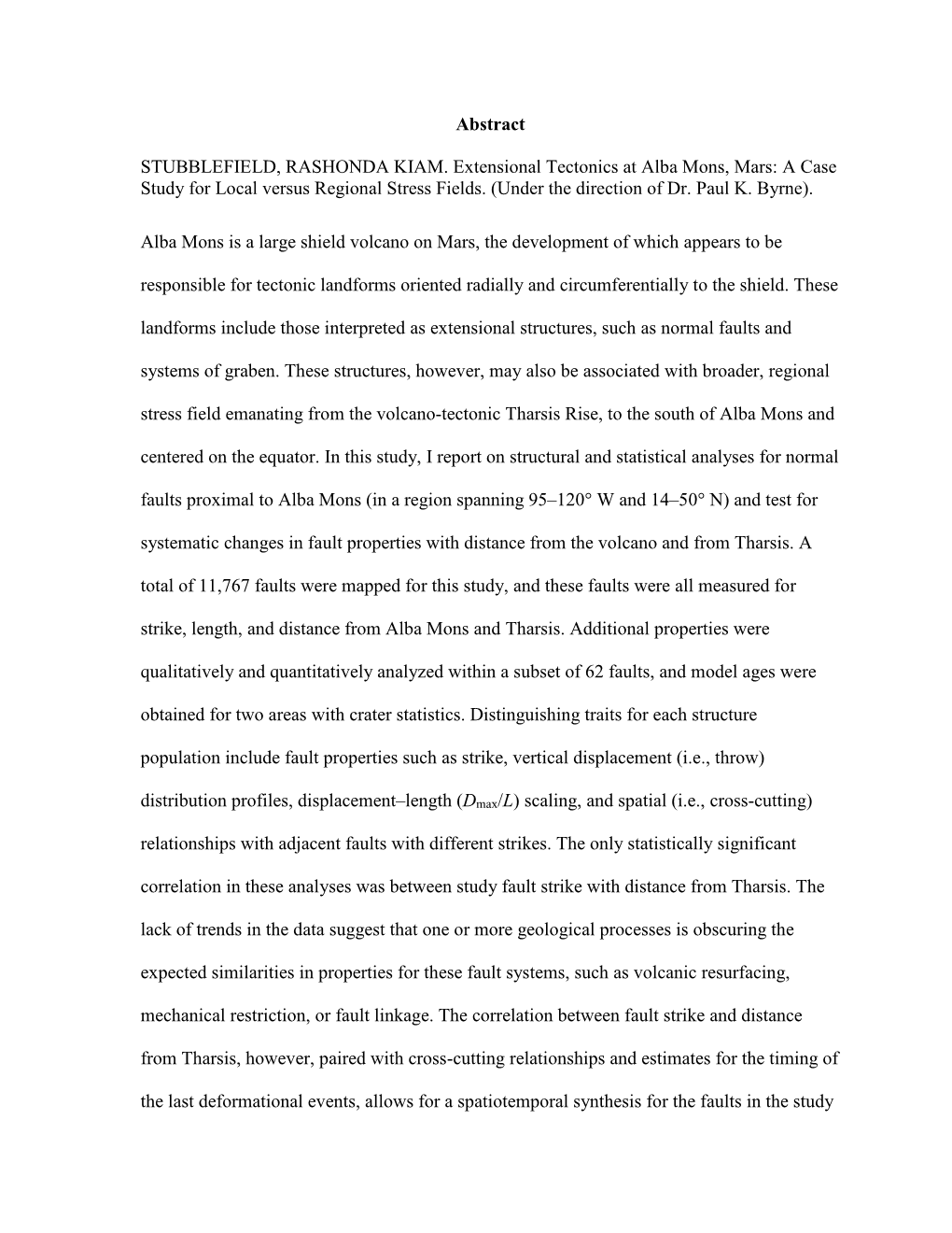 Abstract STUBBLEFIELD, RASHONDA KIAM. Extensional Tectonics at Alba Mons, Mars