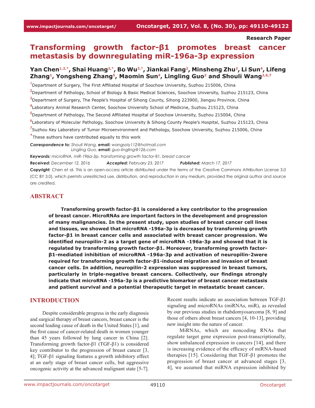 Transforming Growth Factor-Β1 Promotes Breast Cancer Metastasis by Downregulating Mir-196A-3P Expression