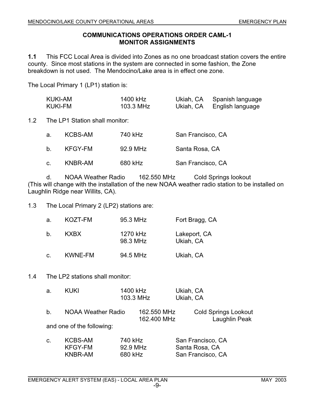 Mendocino/Lake Monitor Plan