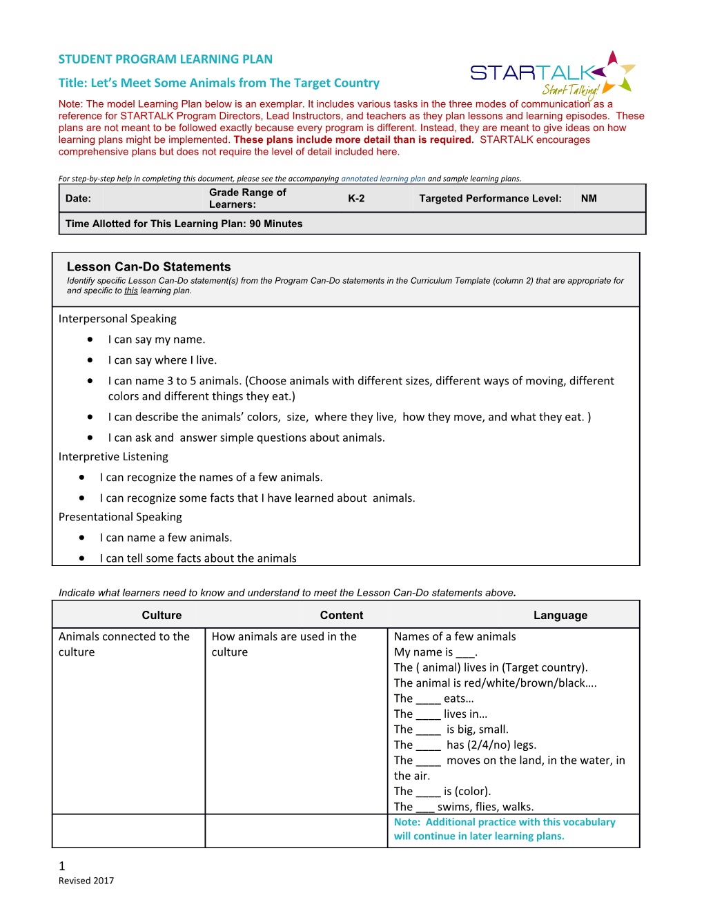 Model Learning Plan K-2