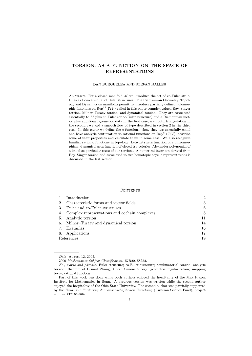 Torsion, As a Function on the Space of Representations