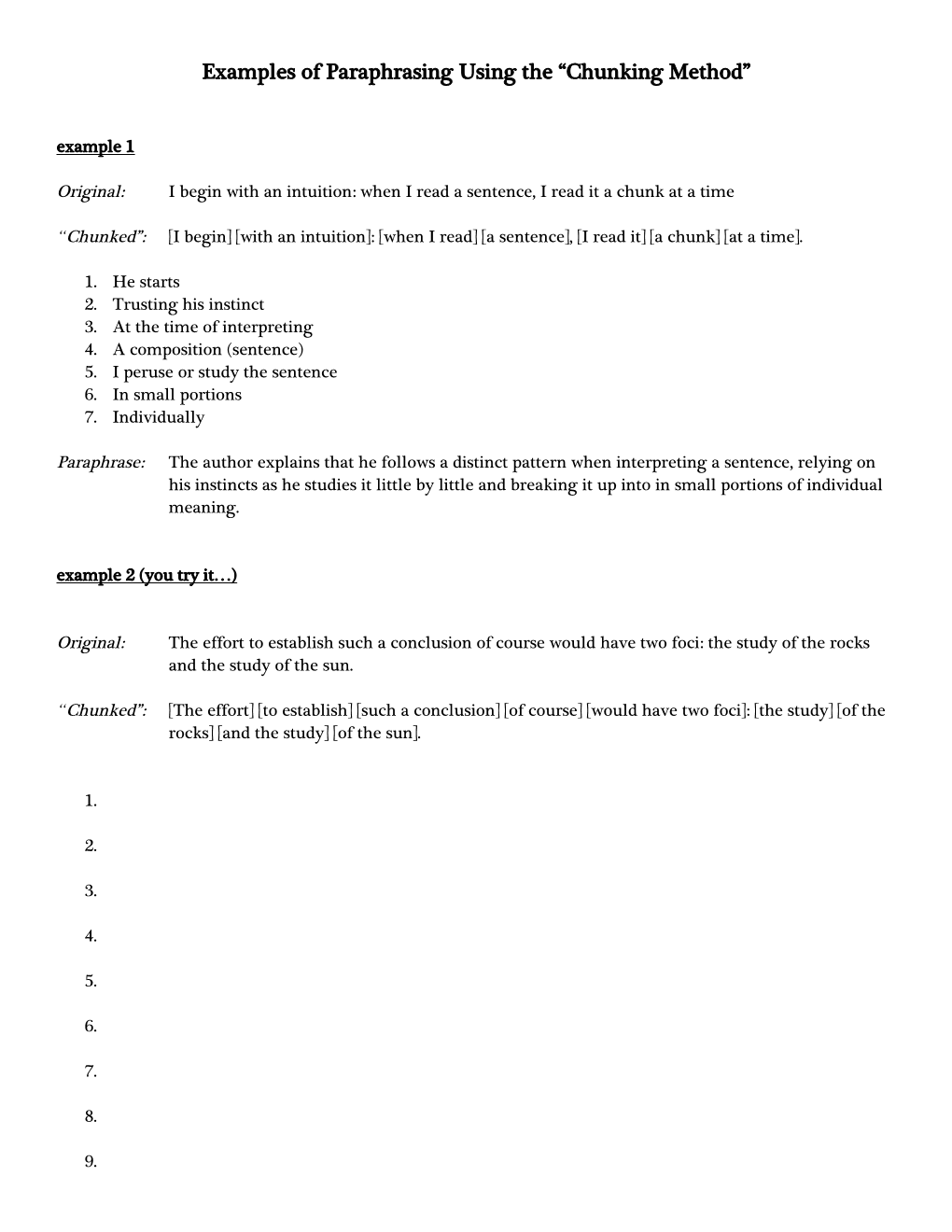 Examples of Paraphrasing Using the Chunking Method