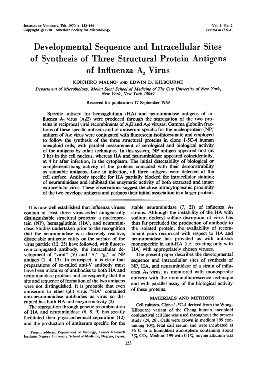 Developmental Sequence and Intracellular Sites of Synthesis of Three Structural Protein Antigens of Influenza A2 Virus