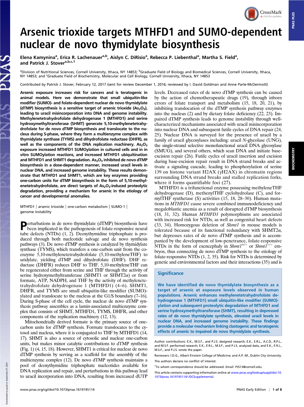 Arsenic Trioxide Targets MTHFD1 and SUMO-Dependent Nuclear De Novo Thymidylate Biosynthesis