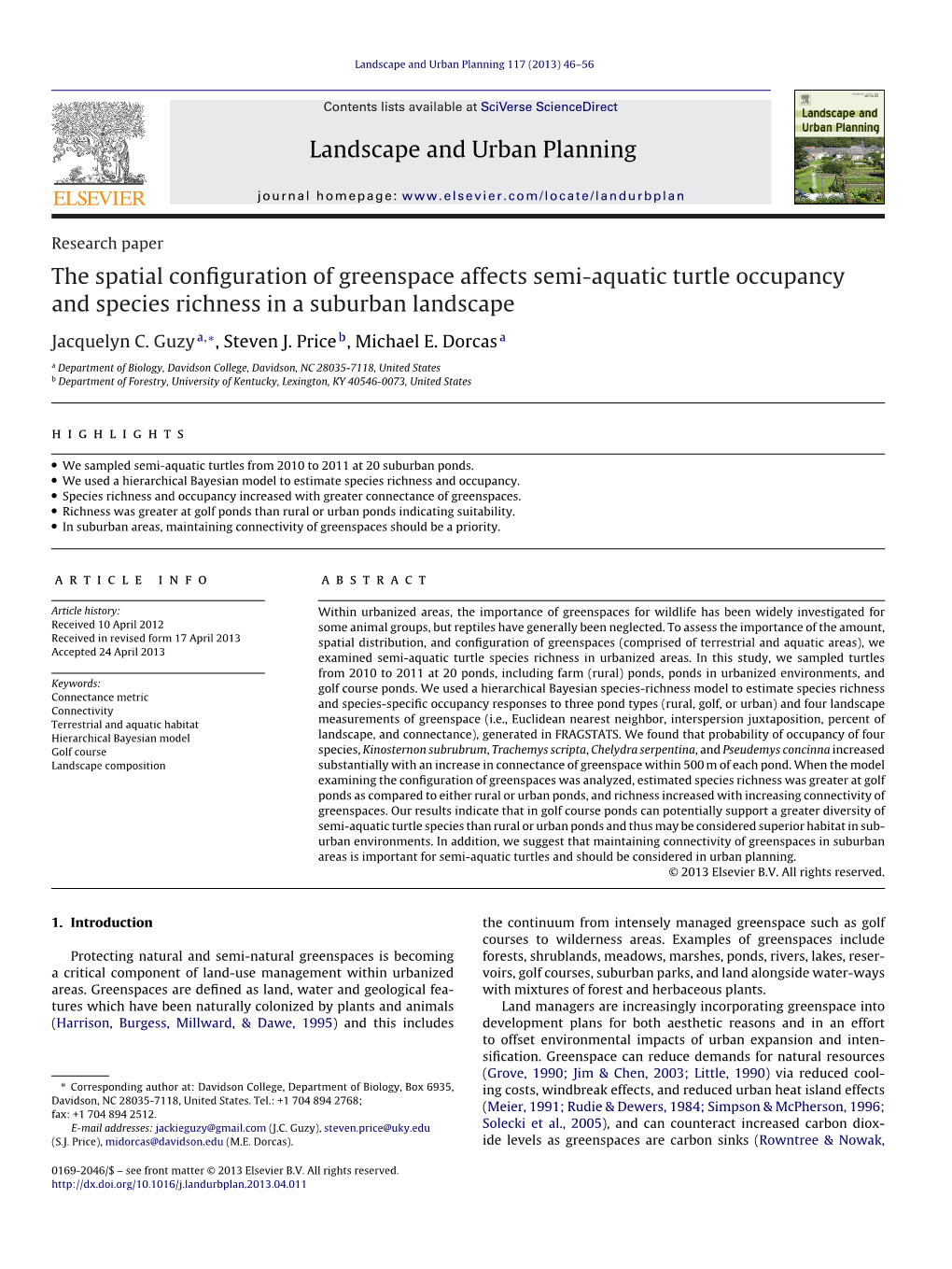 The Spatial Configuration of Greenspace Affects Semi-Aquatic