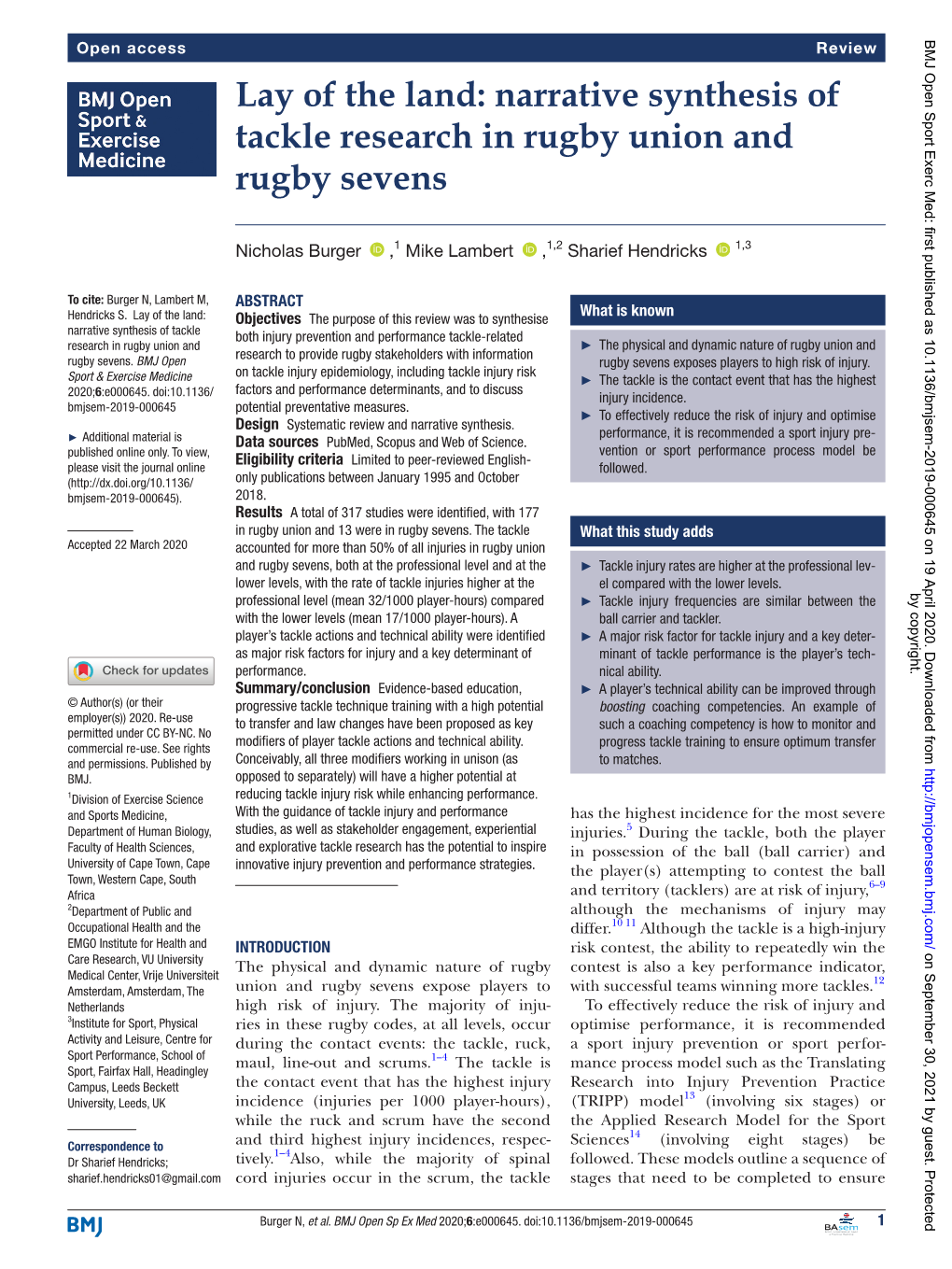 Lay of the Land: Narrative Synthesis of Tackle Research in Rugby Union and Rugby Sevens