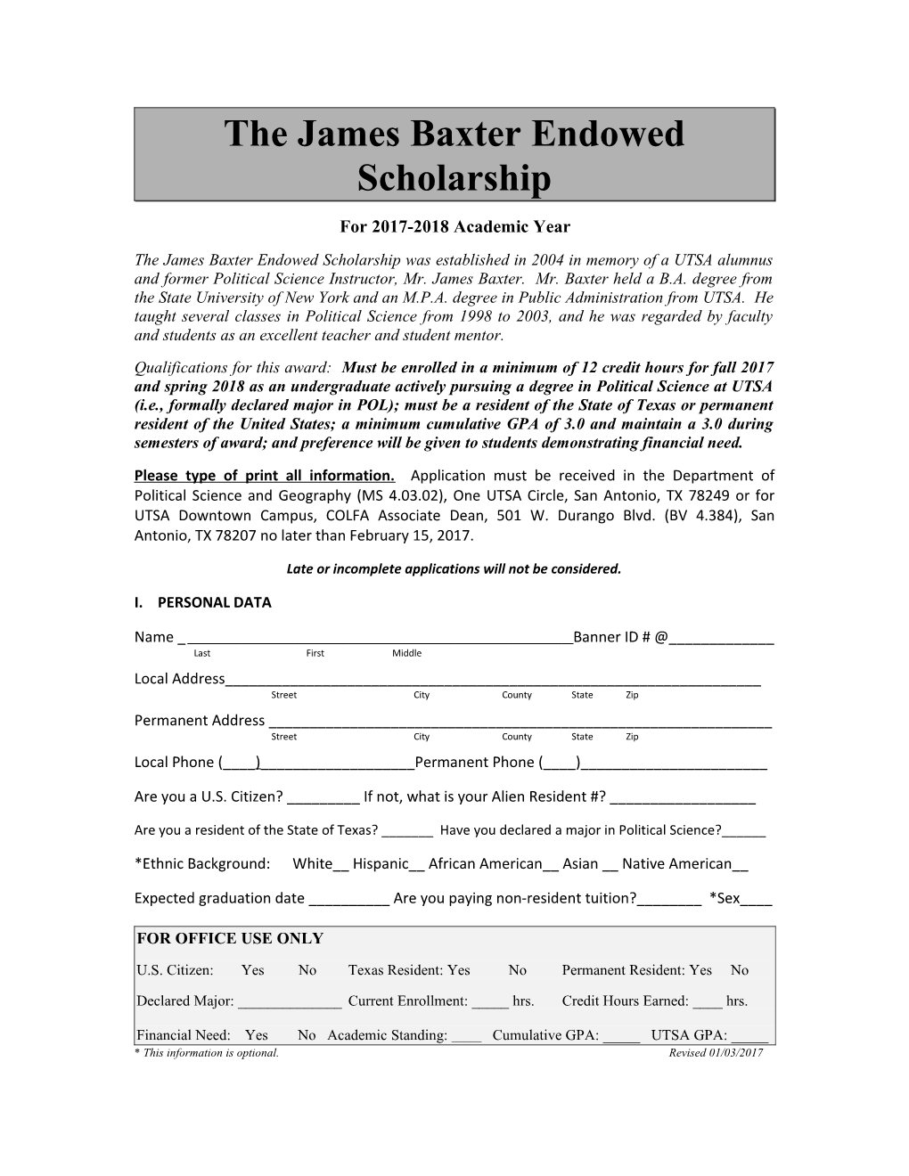 The James Baxter Endowed Scholarship