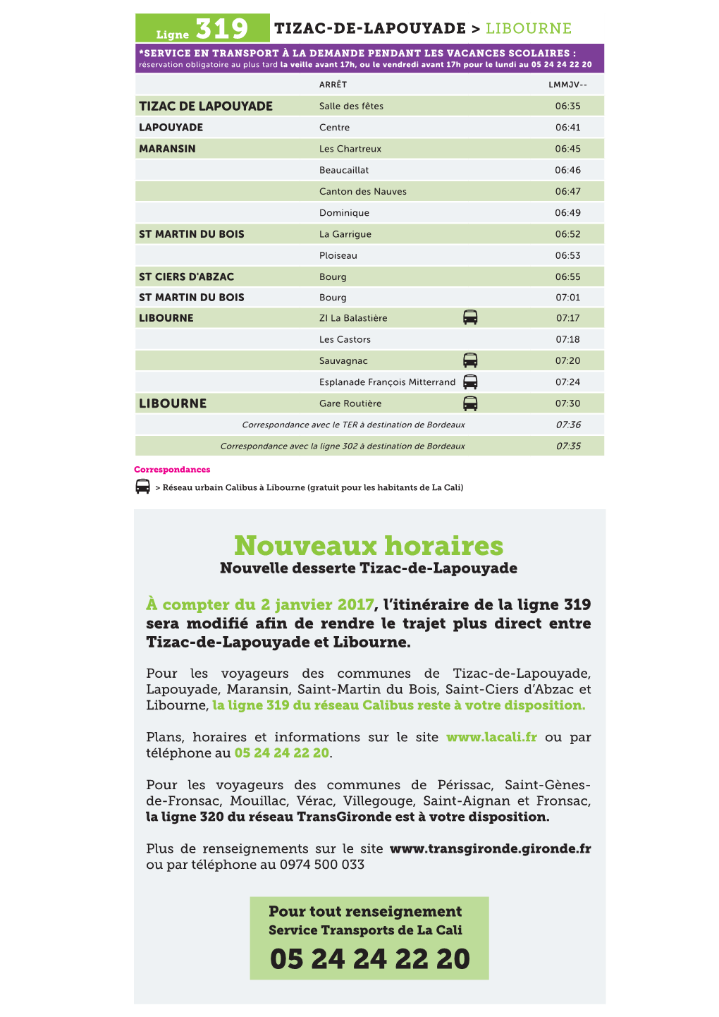 Nouveaux Horaires 05 24 24 22 20