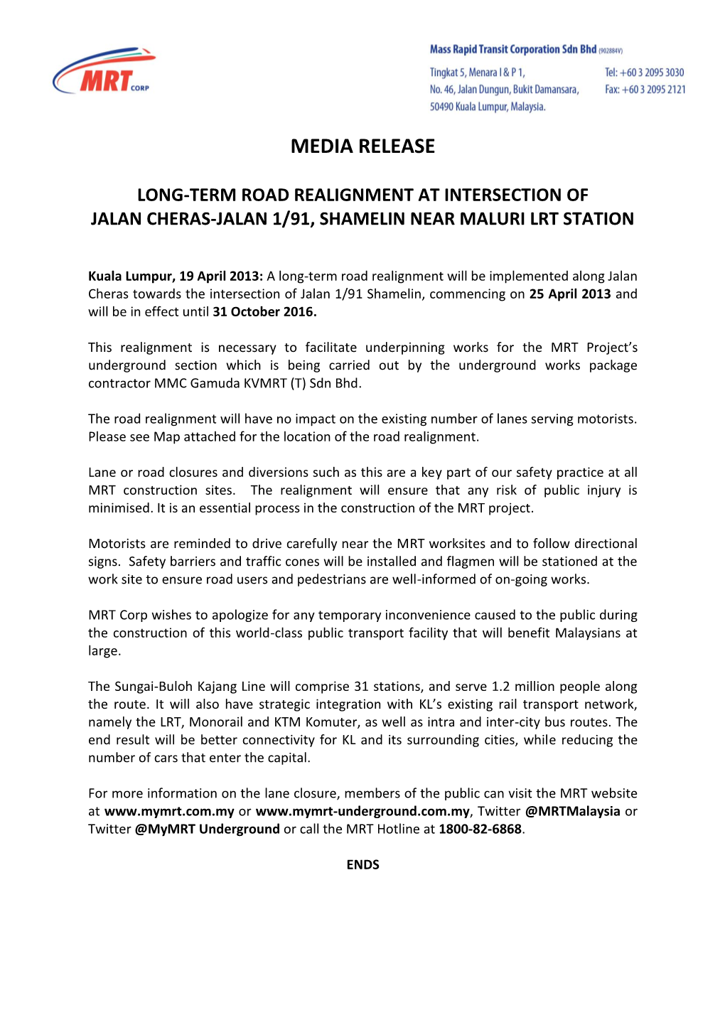 Media Release Long-Term Road Realignment At