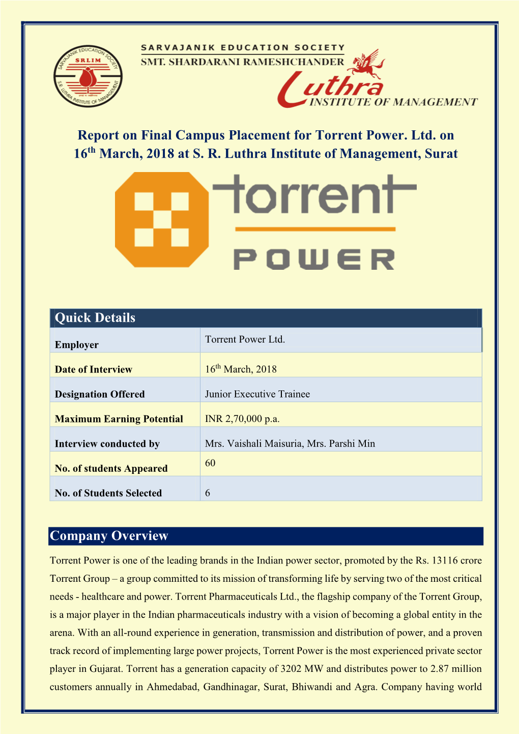 Report on Final Campus Placement for Torrent Power. Ltd. on 16Th March, 2018 at S