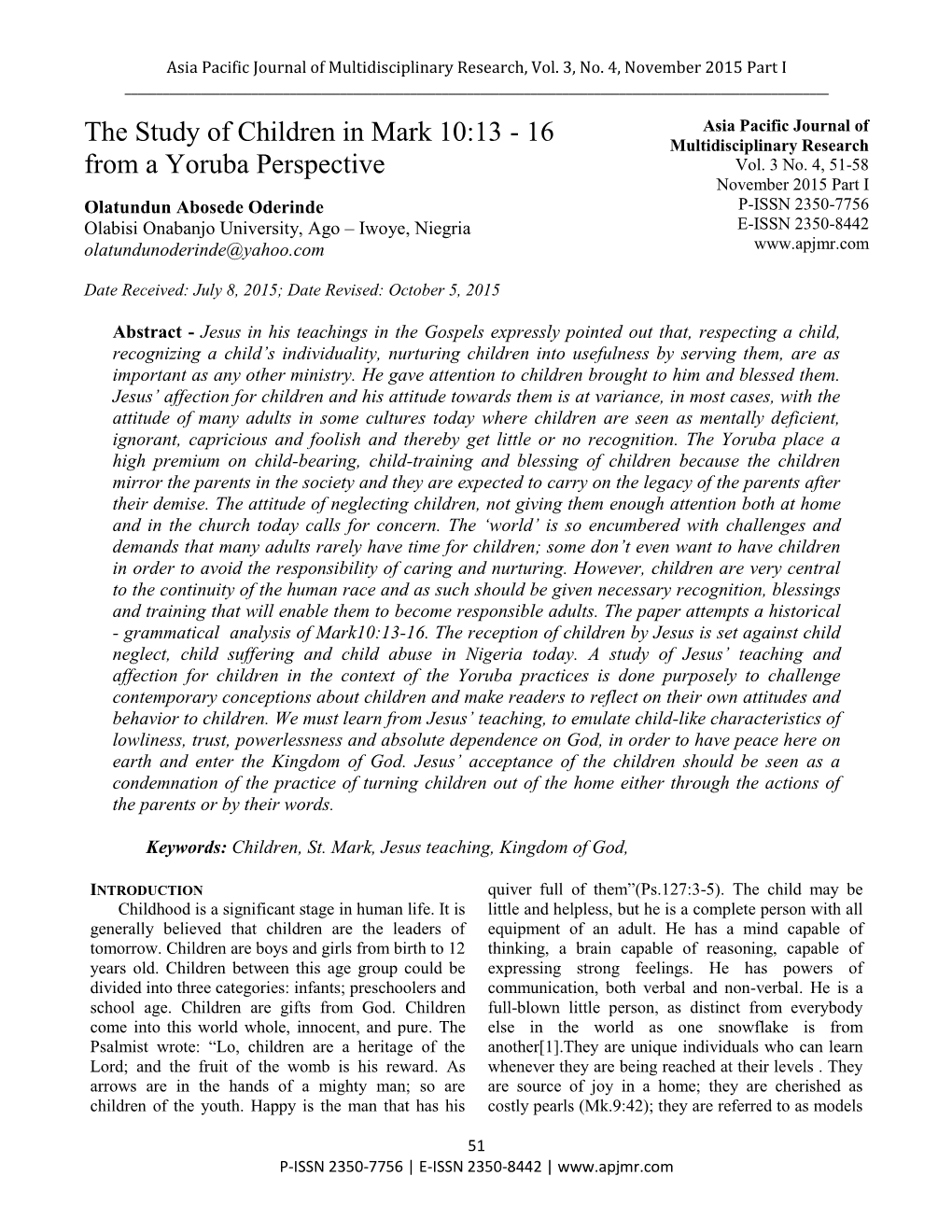 The Study of Children in Mark 10:13 - 16 Multidisciplinary Research from a Yoruba Perspective Vol