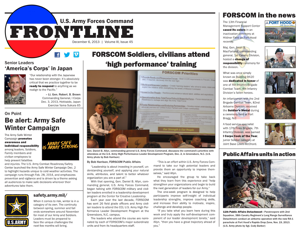 FRONTLINE Hildner Field on Fort Hood December 6, 2013 | Volume III, Issue 45 Recently