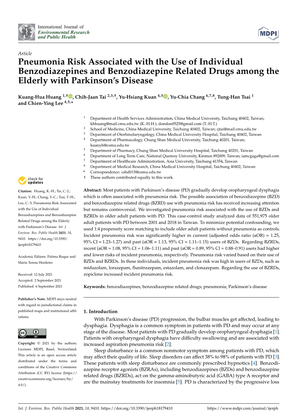 Pneumonia Risk Associated with the Use of Individual Benzodiazepines and Benzodiazepine Related Drugs Among the Elderly with Parkinson’S Disease