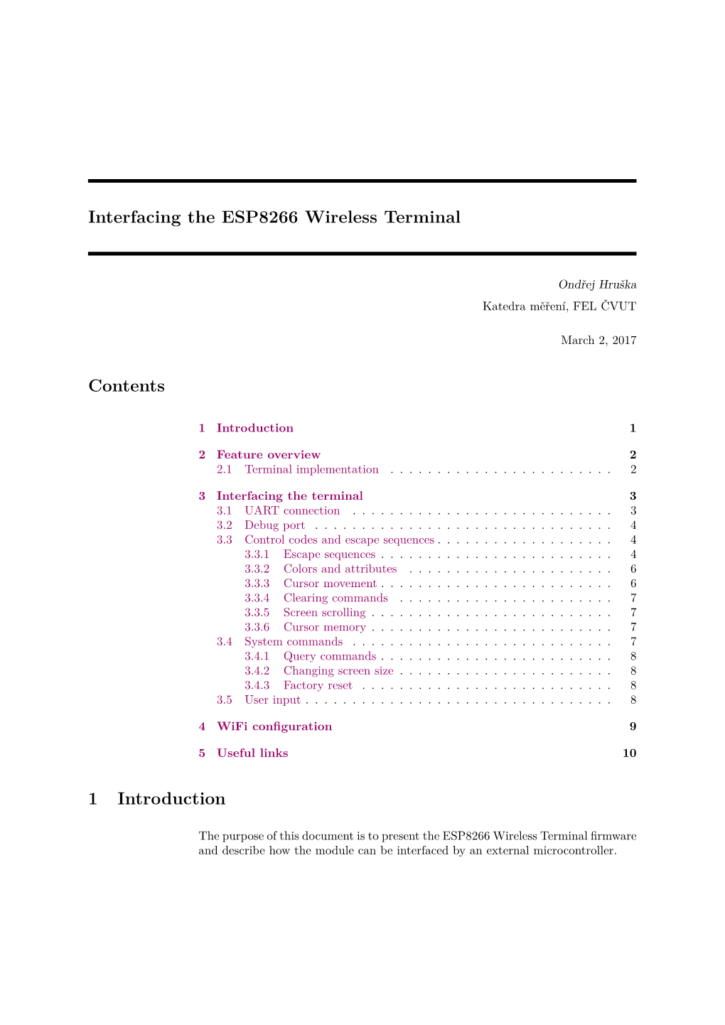 Interfacing the ESP8266 Wireless Terminal Contents 1 Introduction