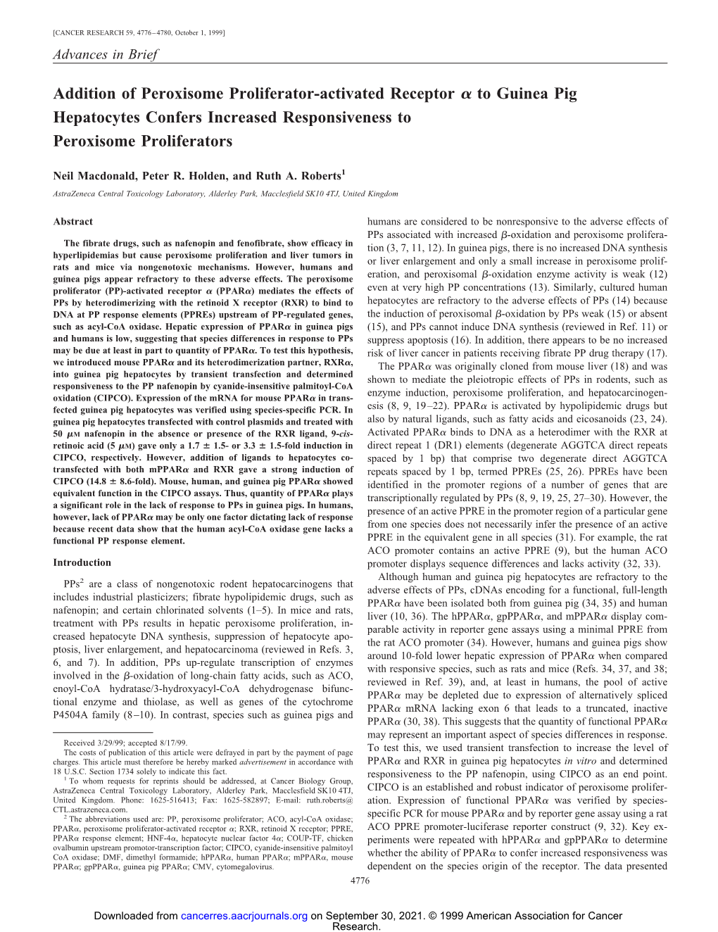 Addition of Peroxisome Proliferator-Activated Receptor to Guinea Pig Hepatocytes Confers Increased Responsiveness to Peroxisome