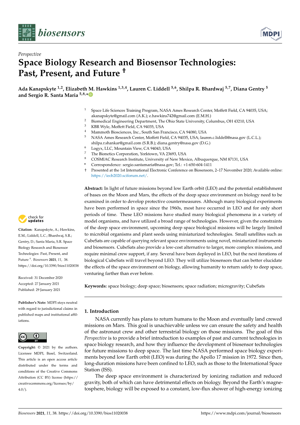 Space Biology Research and Biosensor Technologies: Past, Present, and Future †