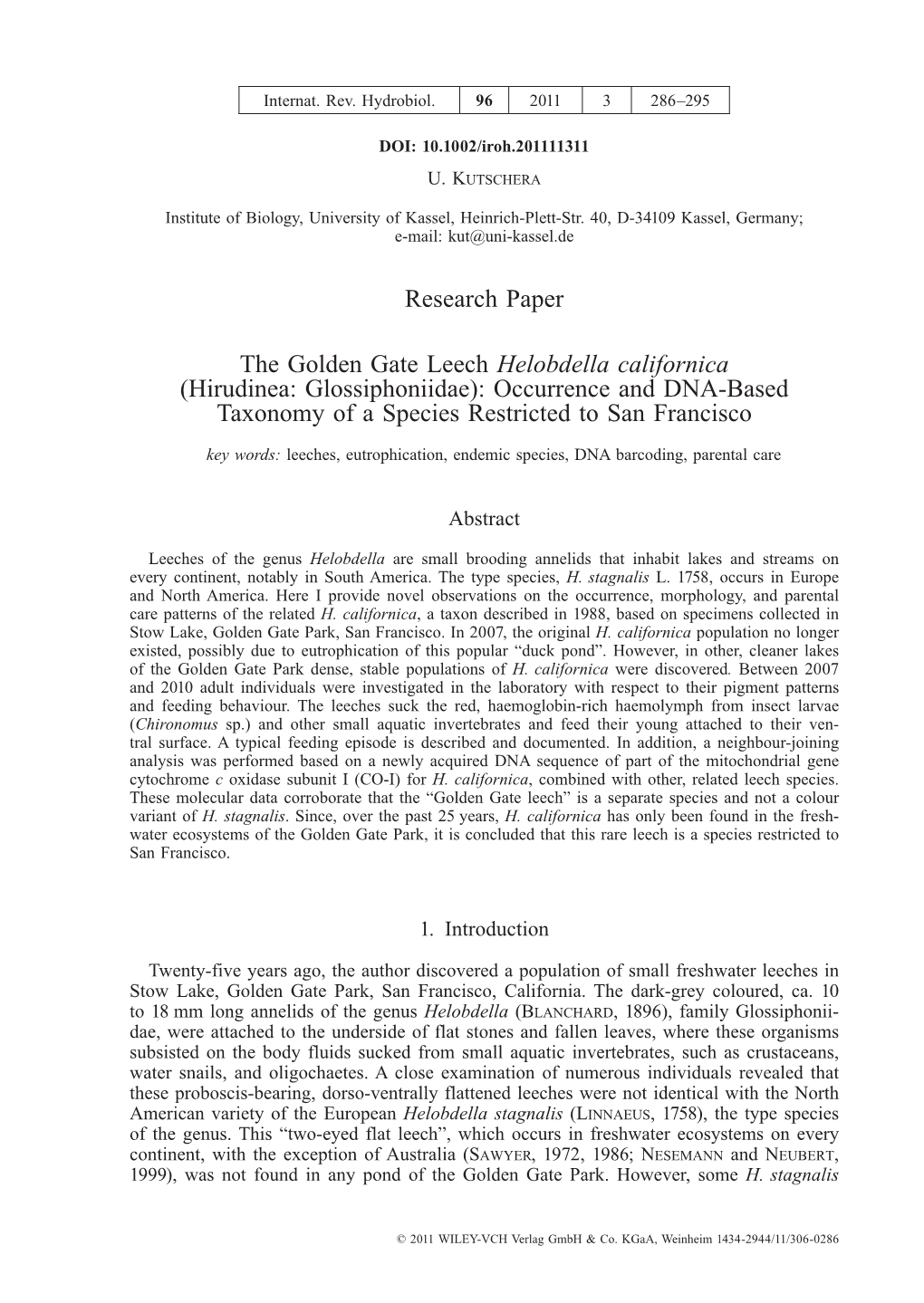 The Golden Gate Leech Helobdella Californica (Hirudinea: Glossiphoniidae): Occurrence and DNA-Based Taxonomy of a Species Restricted to San Francisco