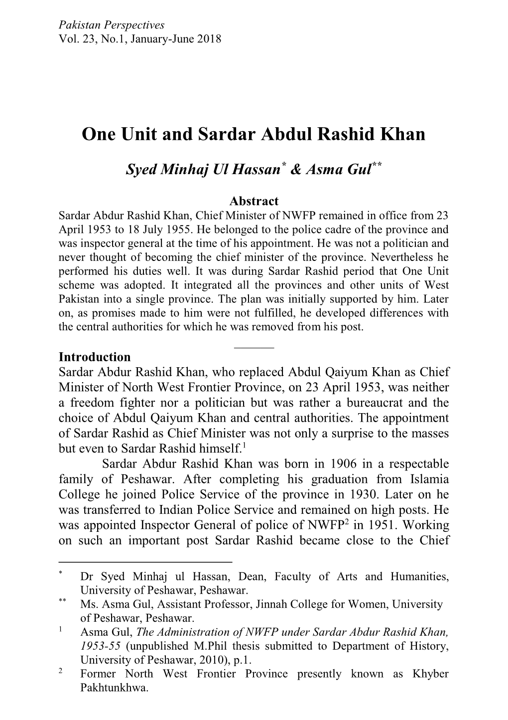 One Unit and Sardar Abdul Rashid Khan