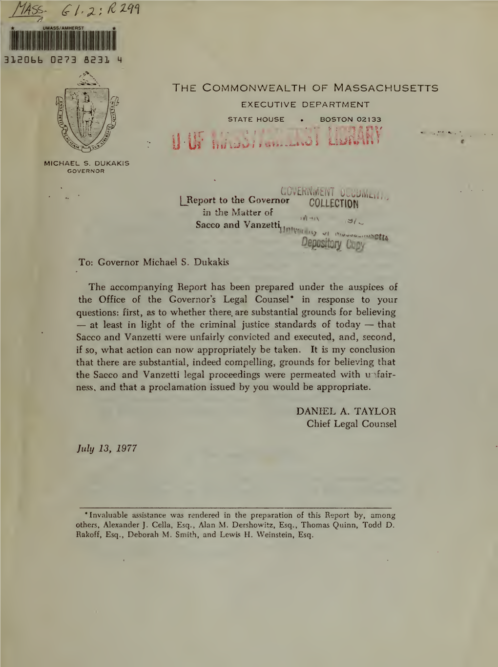 Report to the Governor in the Matter of Sacco and Vanzetti