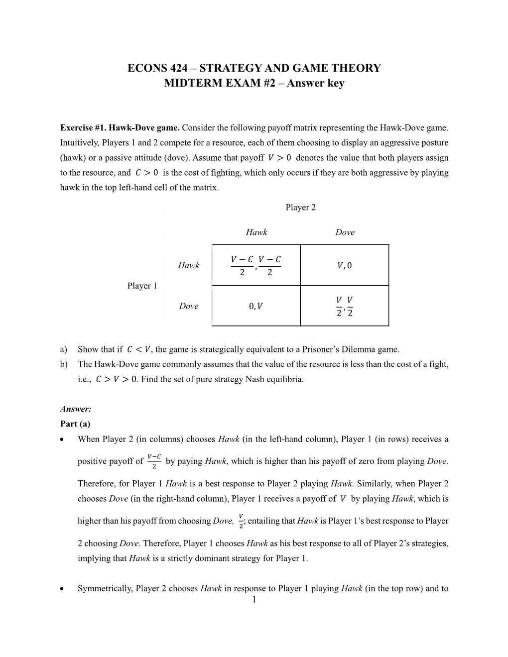 ECONS 424 – STRATEGY and GAME THEORY MIDTERM EXAM #2 – Answer Key