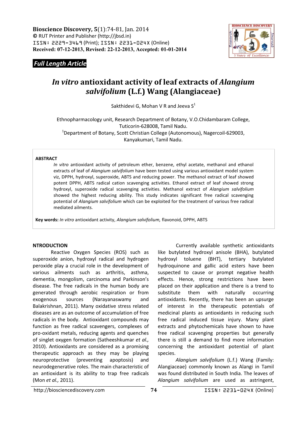 In Vitro Antioxidant Activity of Leaf Extracts of Alangium Salvifolium (L.F.) Wang (Alangiaceae)