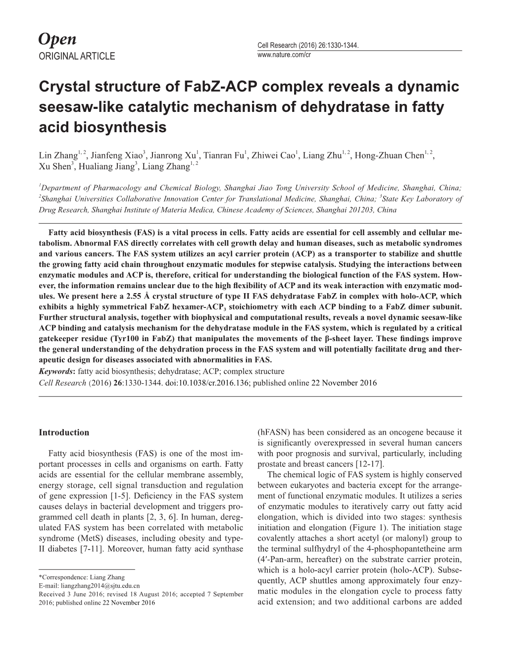 Crystal Structure of Fabz-ACP Complex Reveals a Dynamic Seesaw-Like Catalytic Mechanism of Dehydratase in Fatty Acid Biosynthesis