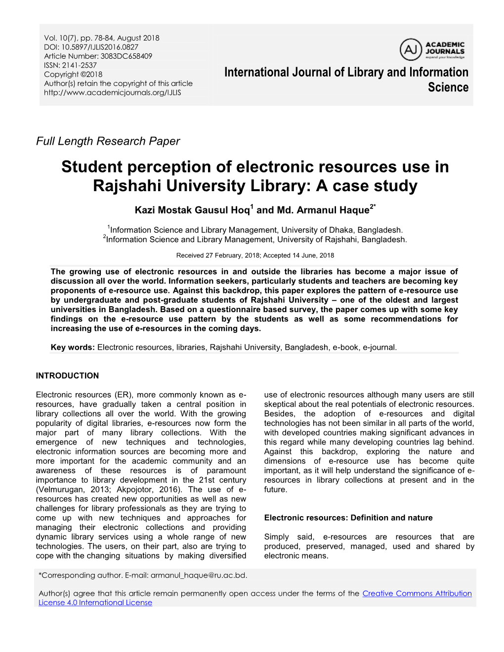 Student Perception of Electronic Resources Use in Rajshahi University Library: a Case Study