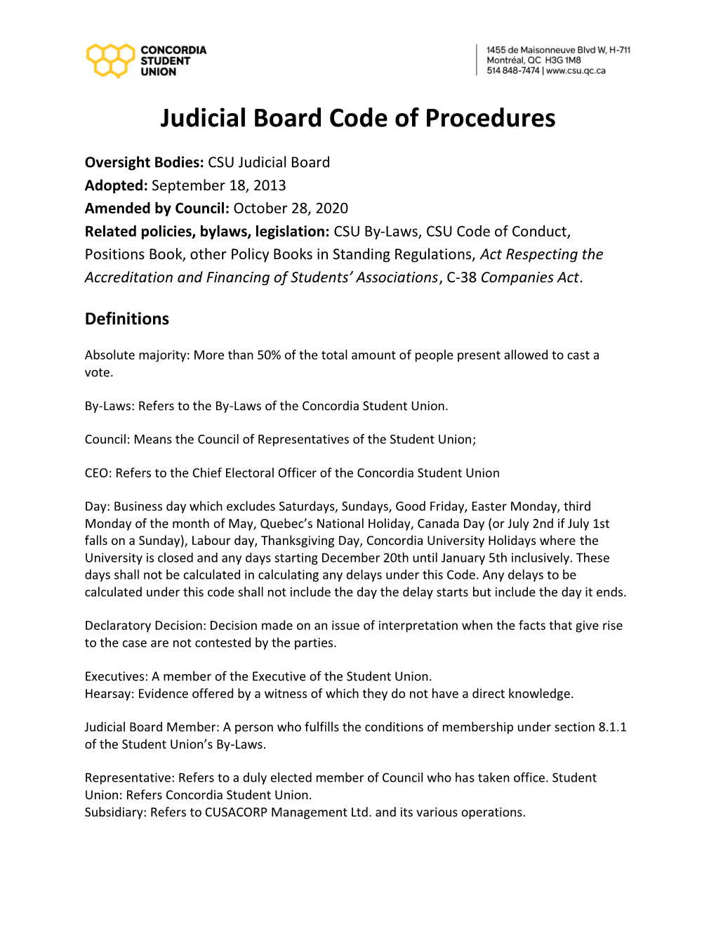 Judicial Board Code of Procedures