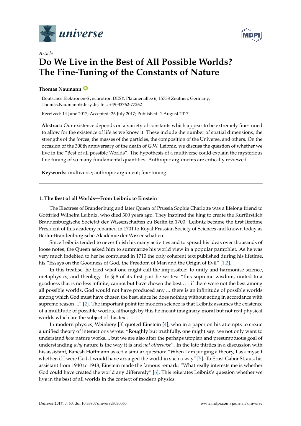 The Fine-Tuning of the Constants of Nature