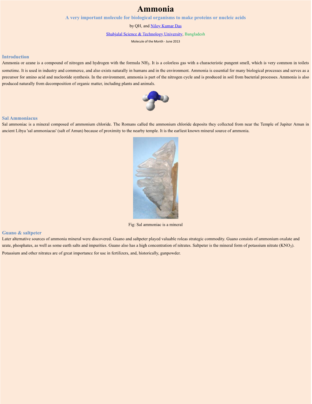 Ammonia a Very Important Molecule for Biological Organisms to Make Proteins Or Nucleic Acids