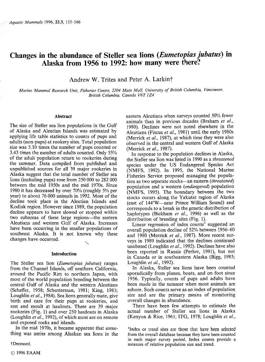 Changes in the Abundance of Steller Sea Lions (Eumetopias Jubatus) in Alaska from 1956 to 1992: How Many Were There?