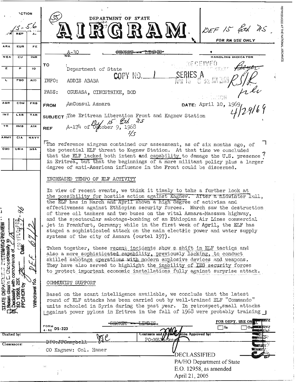 DEPARTMENT of STATE AIRGRAM A-30 Department of State INFO: ADDIS ABABA PASS: CGUSASA, CINCSTRIKE, DOD from Amconsul Asmara DATE