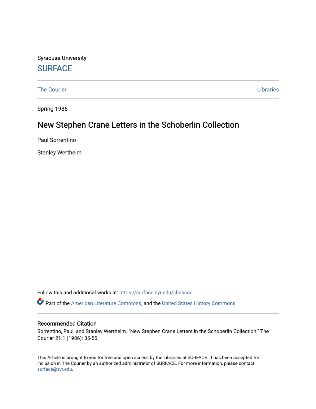 New Stephen Crane Letters in the Schoberlin Collection